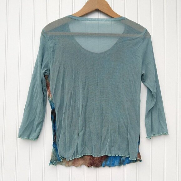 Vintage Y2K Tie Dye Mesh Top Size S Stretch Semi Sheer Blue Brown Whimsygoth - Picture 7 of 7